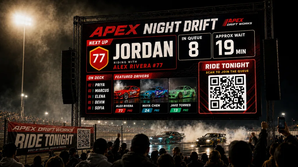 A crowd watching a large LED queue display at a night motorsport event