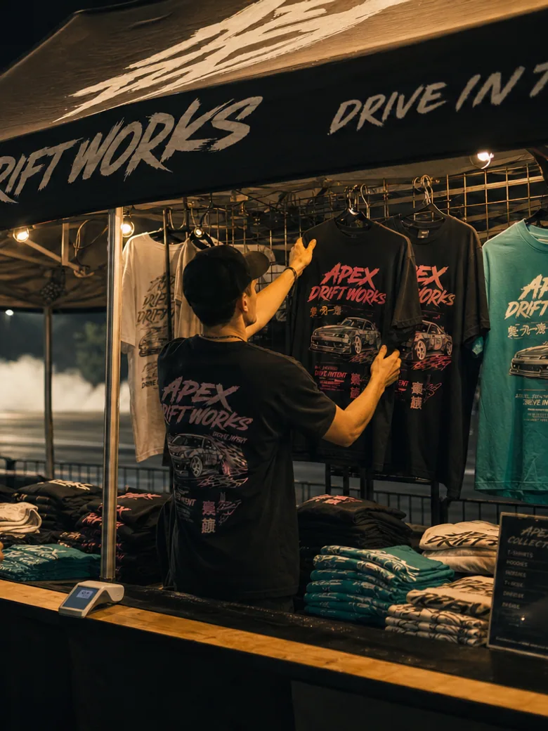 A team merchandise tent with driver shirts on a rail and staff picking an order on a tablet