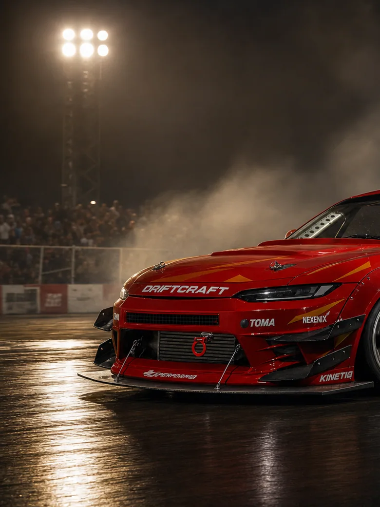 A drift car at full opposite lock in heavy tyre smoke with telemetry overlaid