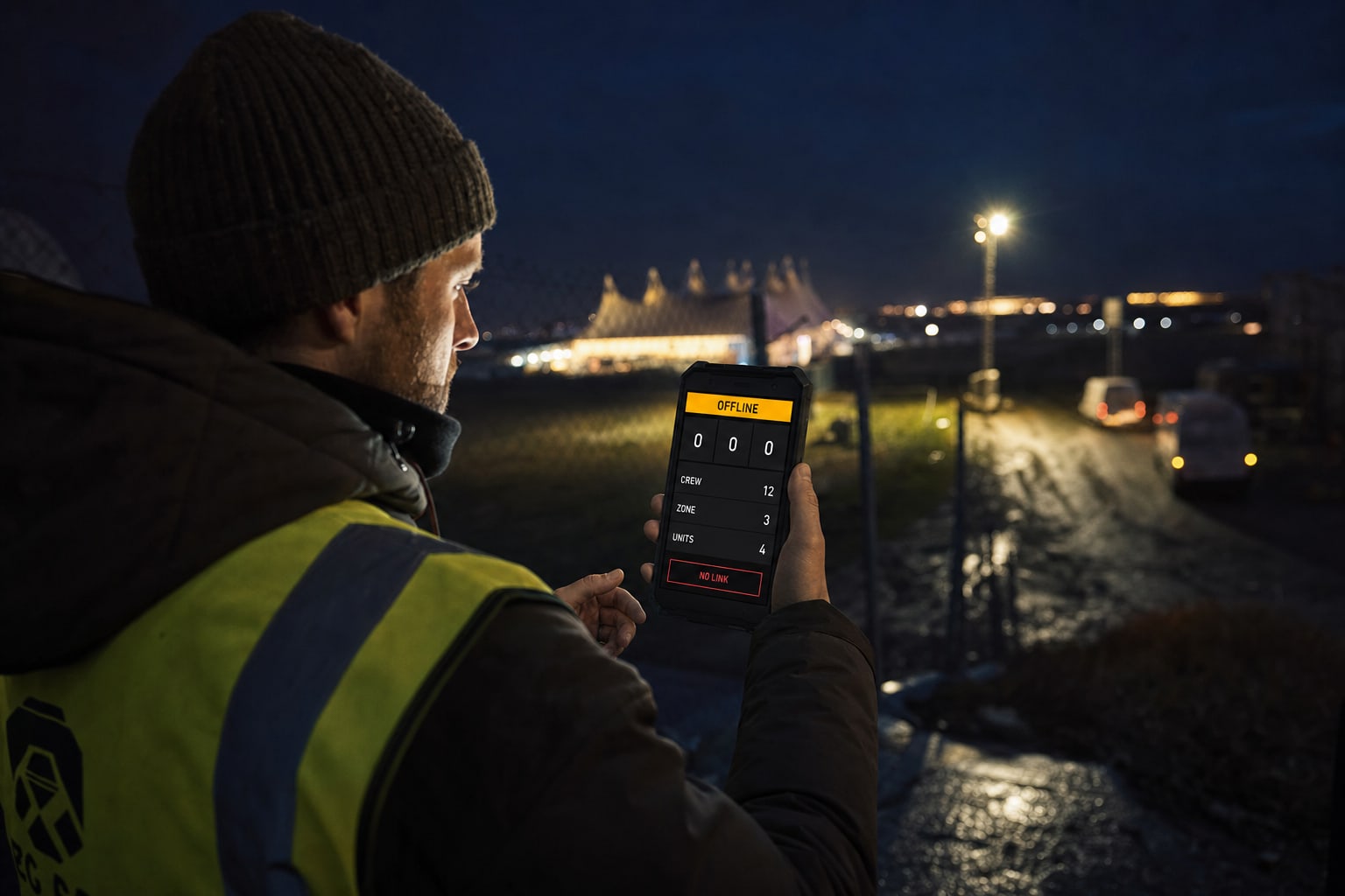 A crew member checking a phone at the dark edge of an event site at night