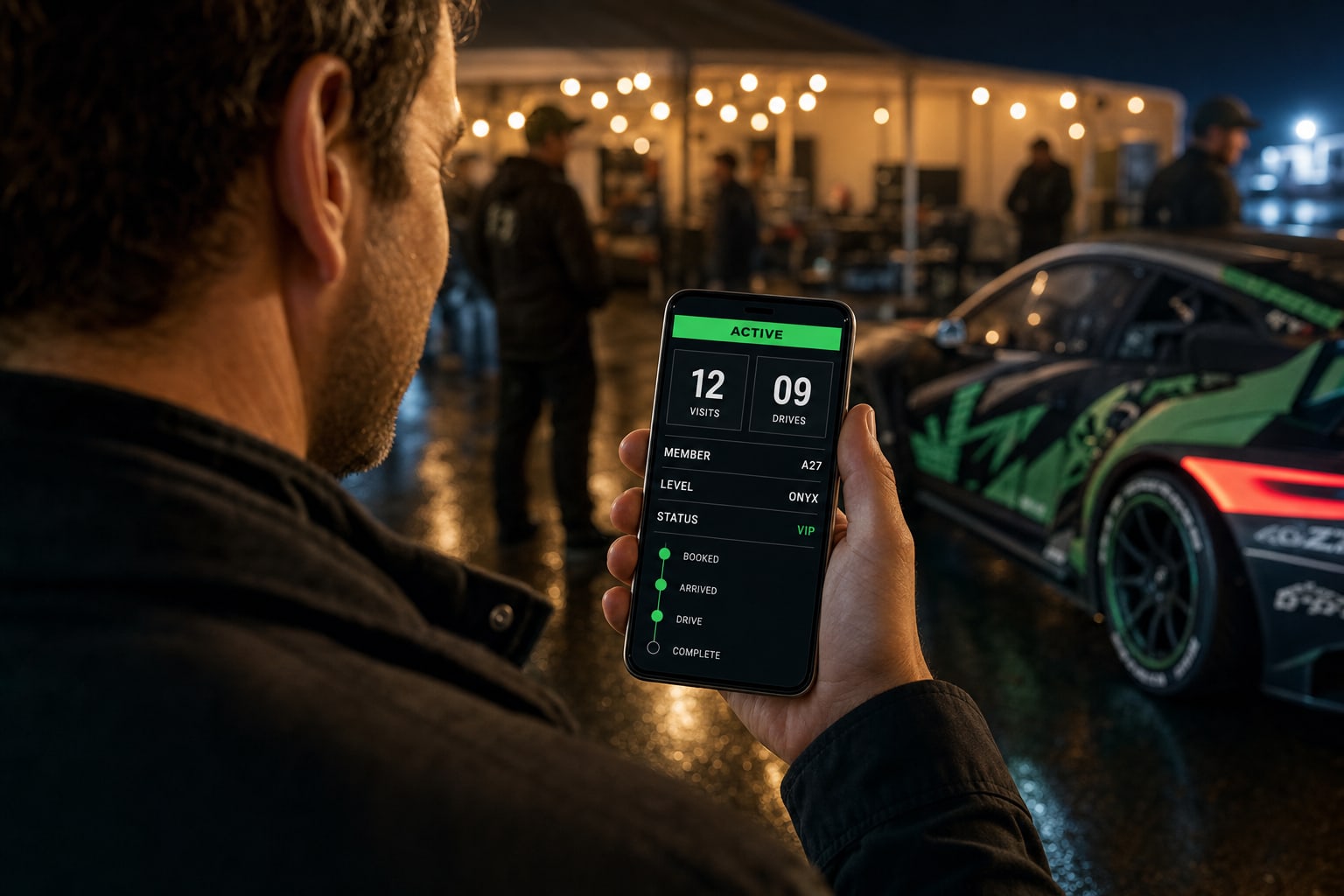 A returning guest smiling at their phone in a floodlit event paddock